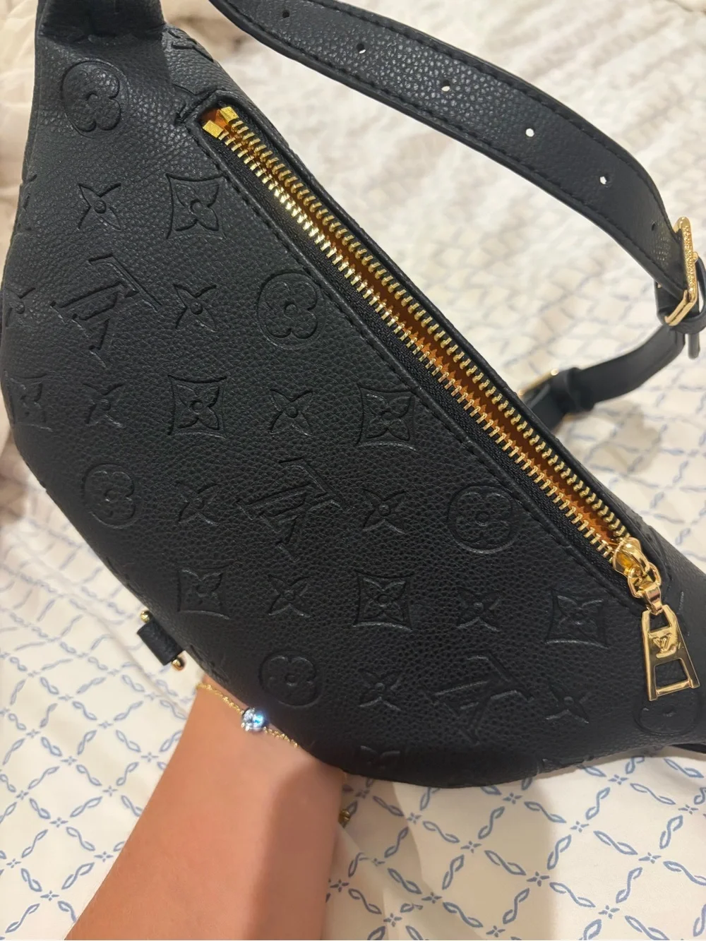 Black Designer Monogram Leather Crossbody Belt Bag